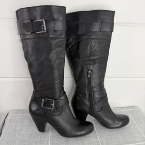 Arturo Chiang Black Leather Boots Size 8.5 Over Calf Heeled Boots Piratecore